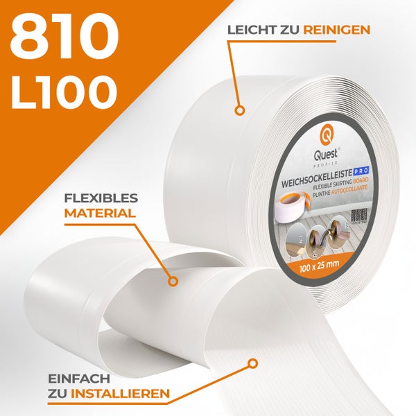 Quest Profile Weichsockelleiste, flexible Fußleiste zur Selbstmontage, Abmessung 100 mal 25 Millimeter, leicht zu reinigen und einfach zu montieren.