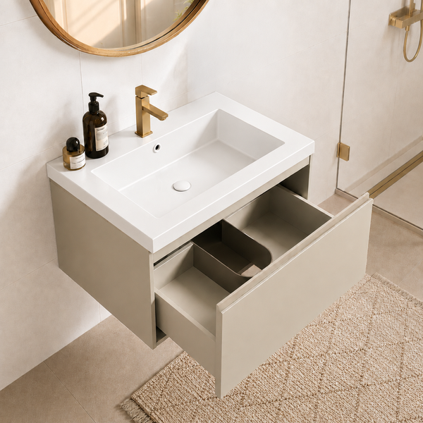 Wandhängender Waschtischunterschrank mit einem Waschbecken und offener Schublade, inklusive goldener Armatur und rundem Spiegel.
