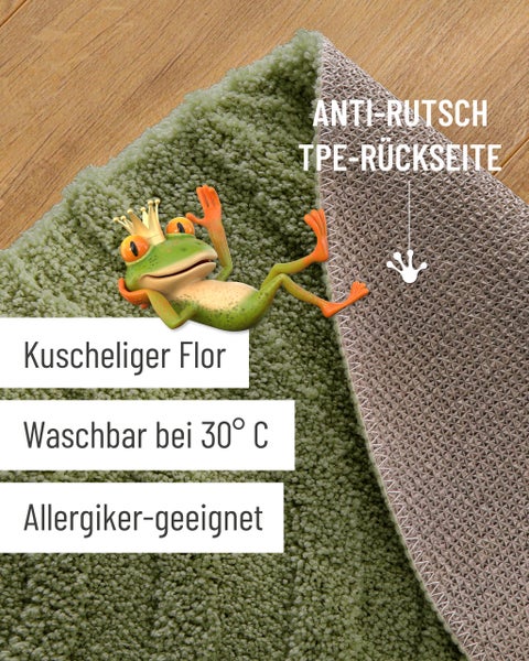 Grüner Badeteppich mit Frosch-Grafik, kuscheligem Flor, rutschfester TPE-Rückseite, waschbar bei 30 Grad und für Allergiker geeignet.