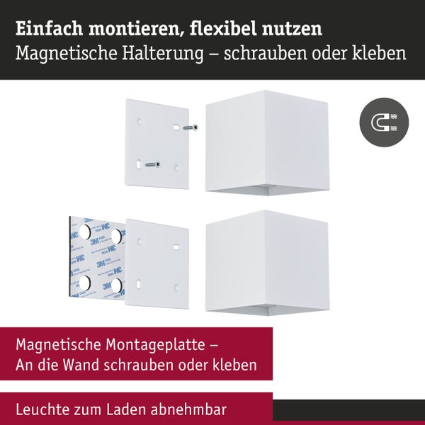 Wandleuchte mit magnetischer Montageplatte zum Schrauben oder Kleben inklusive Befestigungsmaterial zur flexiblen Montage und einfachen Abnahme.