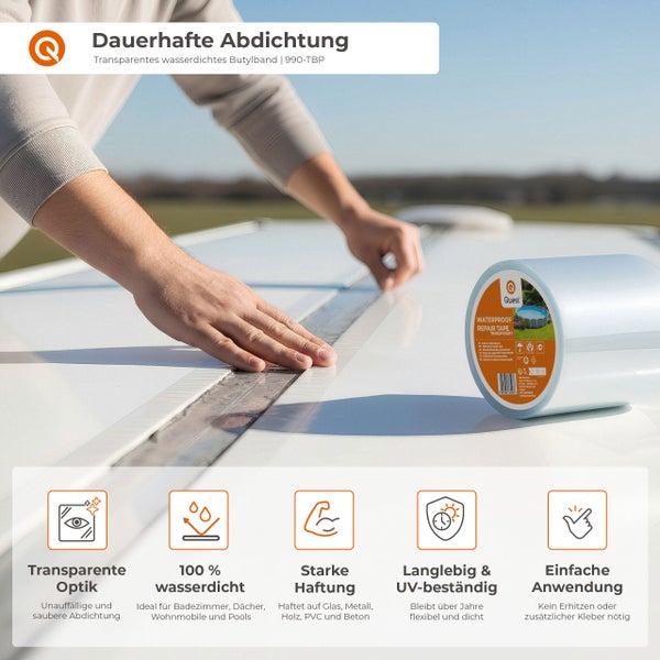 Anwendung von transparentem, wasserdichtem Butylband zur dauerhaften Abdichtung.