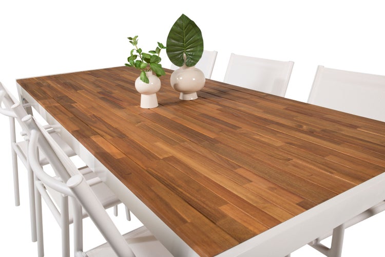 Bois Gartenset Tisch 90x205cm und 6 Stühle Santorini weiß, natur. 90 X 205 X 76 cm