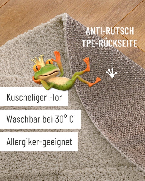 Badematte mit weichem Flor und rutschhemmender TPE-Rückseite, waschbar bei 30 Grad Celsius, für Allergiker geeignet.