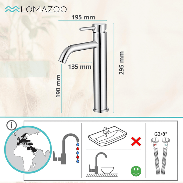 Lomazoo Waschtischarmatur mit Maßangaben in Millimetern und technischen Details zu Anschluss und Montage.
