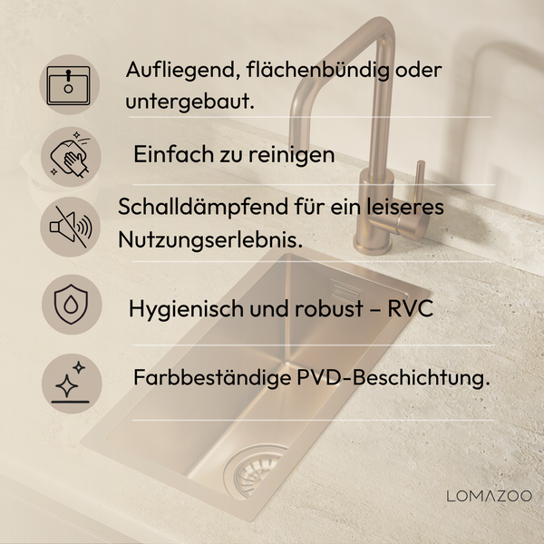 Infografik zur Lomazoo Küchenspüle mit den Montagearten aufliegend, flächenbündig oder untergebaut sowie den Produkteigenschaften PVD-Beschichtung.