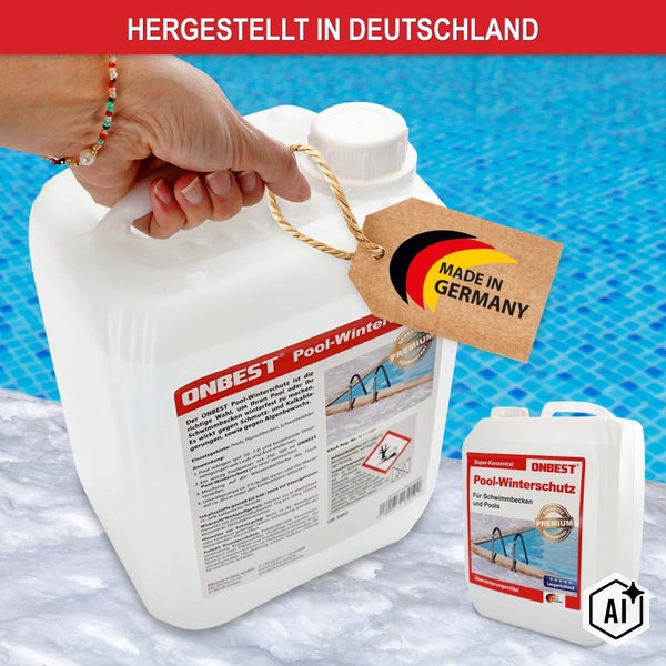 Kanister mit Onbest Pool Winterschutz zur Überwinterung von Schwimmbecken, hergestellt in Deutschland.