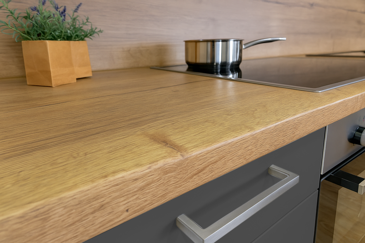 Küchenarbeitsplatte aus Holz mit Kochtopf und Kräutertopf