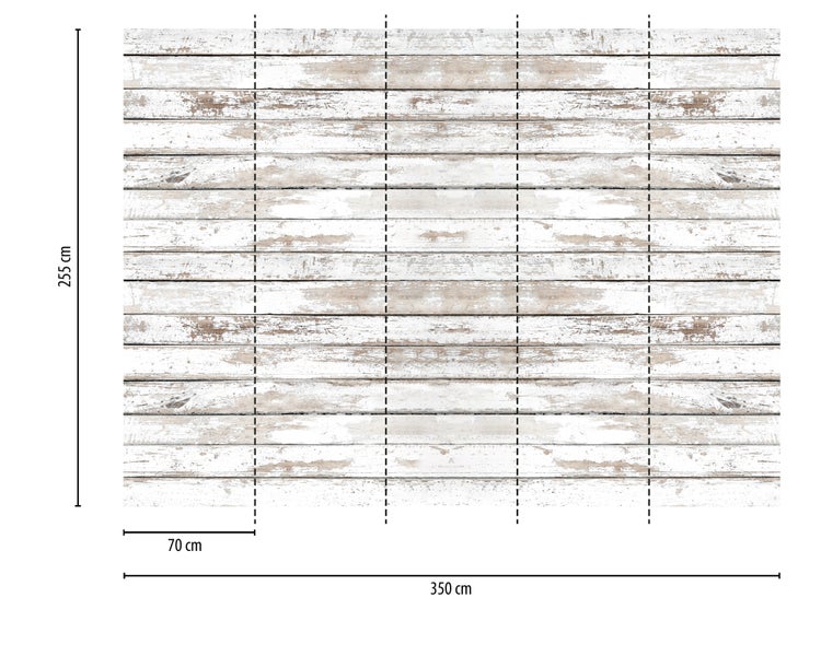 Fototapete in weißer Holzoptik, 350 Zentimeter breit und 255 Zentimeter hoch, bestehend aus fünf Bahnen à 70 Zentimeter.