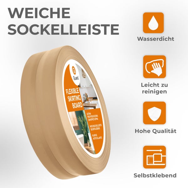 Rolle einer flexiblen selbstklebenden Weichsockelleiste von Quest, wasserdicht, leicht zu reinigen und von hoher Qualität.