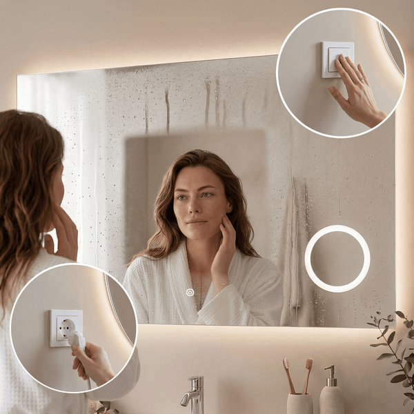 Beleuchteter Badezimmerspiegel mit Anti Beschlag Funktion, Wandmontage, integrierte LED Beleuchtung und Touchschalter.