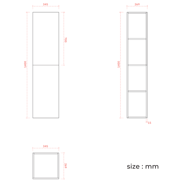Maßzeichnung eines Regals mit 1400 mm Höhe, 345 mm Breite und 269 mm Tiefe.