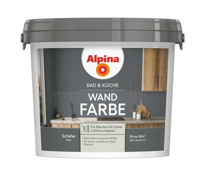 Alpina Bad und Küche Wandfarbe Schiefer matt. Farbe für Feuchträume, für circa 20 Quadratmeter. Alpina Logo.
