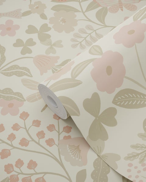 ESTAhome Tapete Blumen und Vögel Grün und Rosa - 50 x 900 cm - 139869