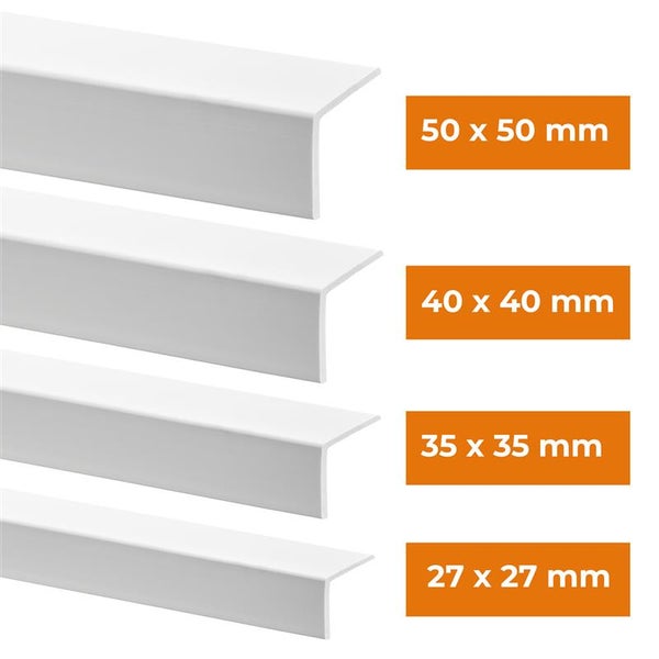 Kunststoffwinkelprofile in verschiedenen Größen: 50 x 50 mm, 40 x 40 mm, 35 x 35 mm, 27 x 27 mm