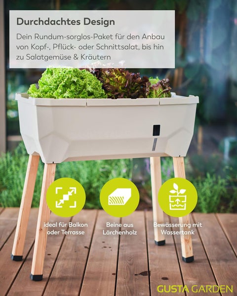 Gusta Garden Hochbeet für Salat und Kräuter mit Lärchenholzbeinen und Wassertank, ideal für Balkon und Terrasse. Gusta Garden Logo.