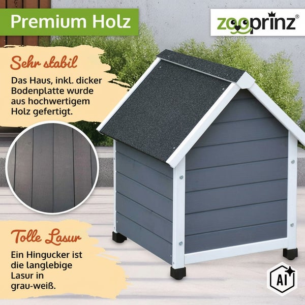 Hundehütte aus Holz mit wetterfestem Dach und langlebiger Lasur von Zooprinz Logo.