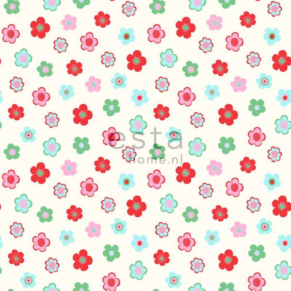 ESTAhome Tapete Blumenmuster Hellblau, Grün und Rot - 53 cm x 10.05 m - 138726