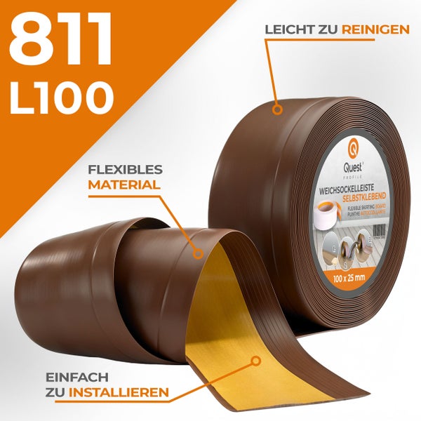 Quest Weichsockelleiste Selbstklebend, Breite Sockelleiste 100 x 25 mm, PVC Knickleiste für Wand, Boden, Flexibel, Braun, 1 Meter
