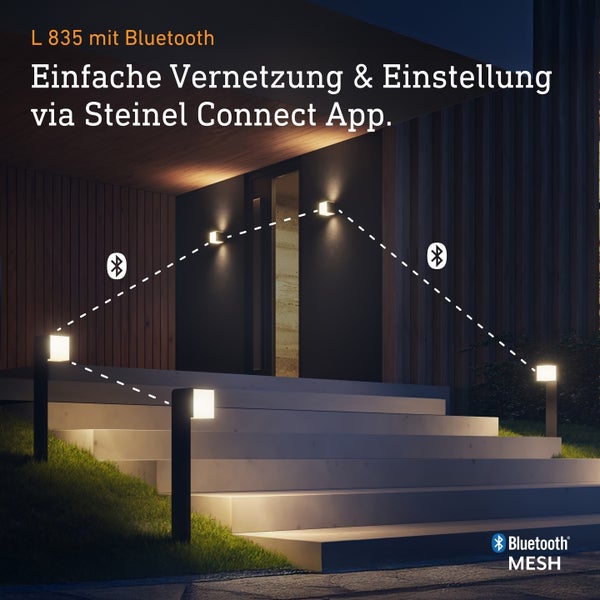 Moderne Steinel Aussenleuchten L 835 mit Bluetooth Vernetzung fuer die einfache Einstellung via Steinel Connect App vor einem Hauseingang.