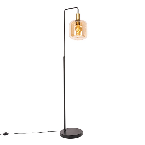 QAZQA - Design Design-Stehleuchte I Stehlampe I Standleuchte I Lampe I Leuchte schwarz mit Messing und bernsteinfarbenem Glas – Zuzanna I Wohnzimmer I Schlafzimmer - Länglich - LED geeignet E27