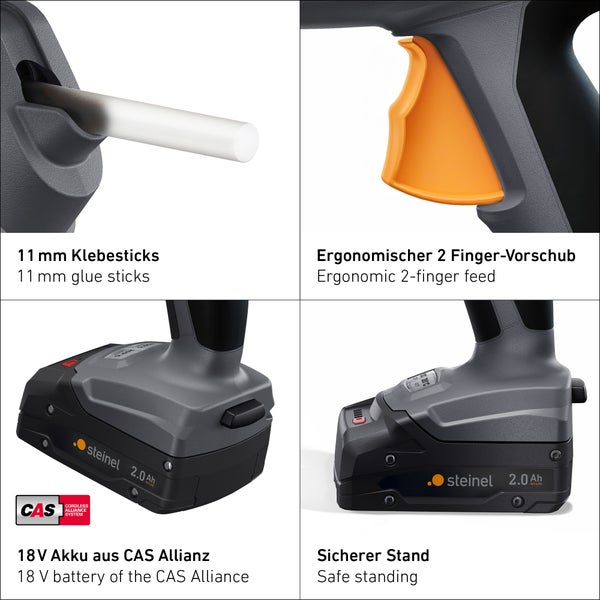 Produktmerkmale einer Steinel Akku Heißklebepistole mit 11 Millimeter Klebesticks, 2 Finger Vorschub, 18 Volt CAS Akku und sicherem Stand.