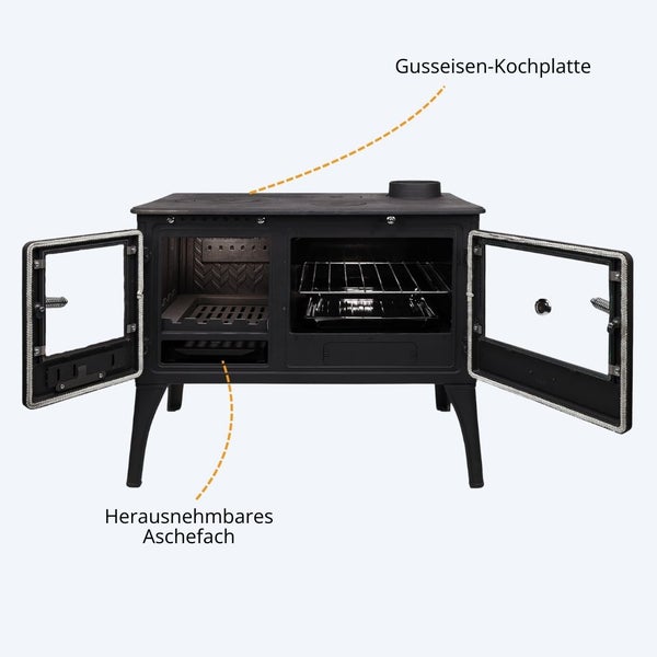 Holzherd mit Backofen, Gusseisen-Kochplatte und herausnehmbarem Aschefach, zwei offene Glastüren.