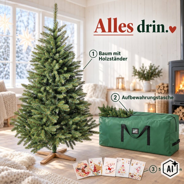 Künstlicher Weihnachtsbaum mit Holzständer, Aufbewahrungstasche und fünf Grußkarten in einem Wohnzimmer mit Kamin.
