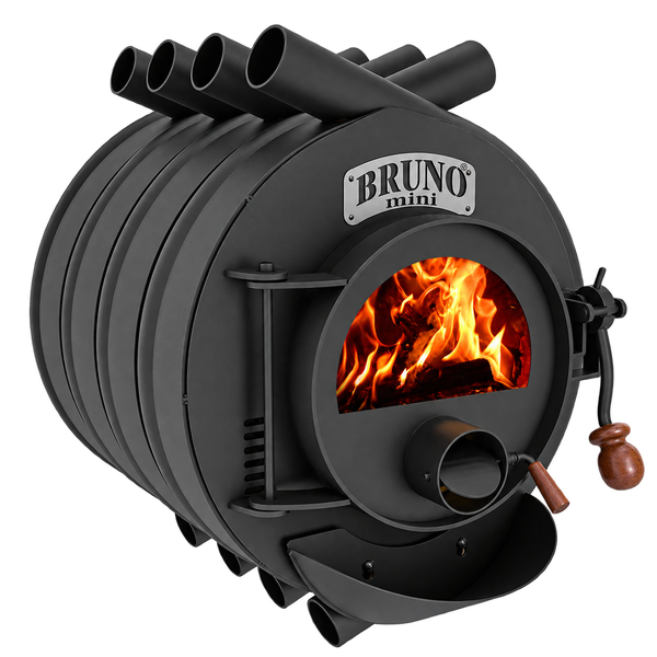 Bruno Mini Kaminofen aus Stahl mit Holzfeuer hinter einer Sichtscheibe.