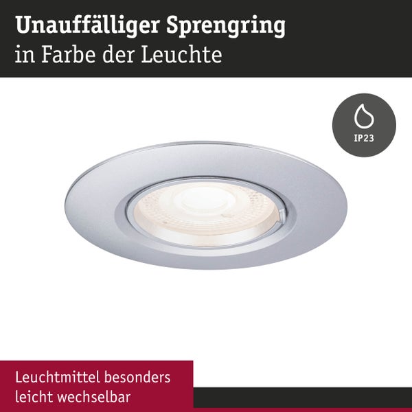 Technische Daten und Verpackungsinhalt eines Paulmann LED Einbaustrahlers mit 505 Lumen und IP23 Schutzart.