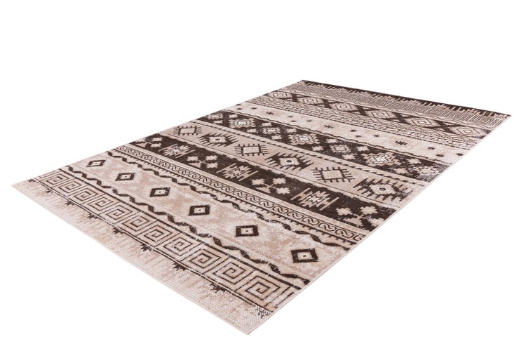 Rechteckiger Teppich mit horizontal gestreiftem Ethno-Muster in Beige und Braun.
