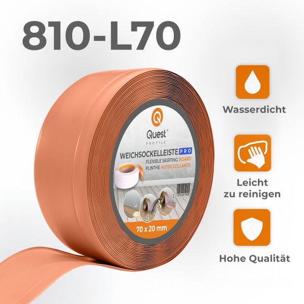 Quest Weichsockelleiste, Breite Sockelleiste 70 x 20 mm, PVC Knickleiste für Wand, Boden, Flexibel, Ziegelfarbe, 1 Meter