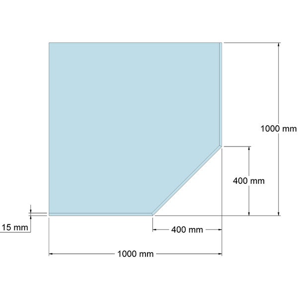 Technische Zeichnung einer fünfeckigen Glasbodenplatte, 1000 mal 1000 Millimeter, Stärke 15 Millimeter.