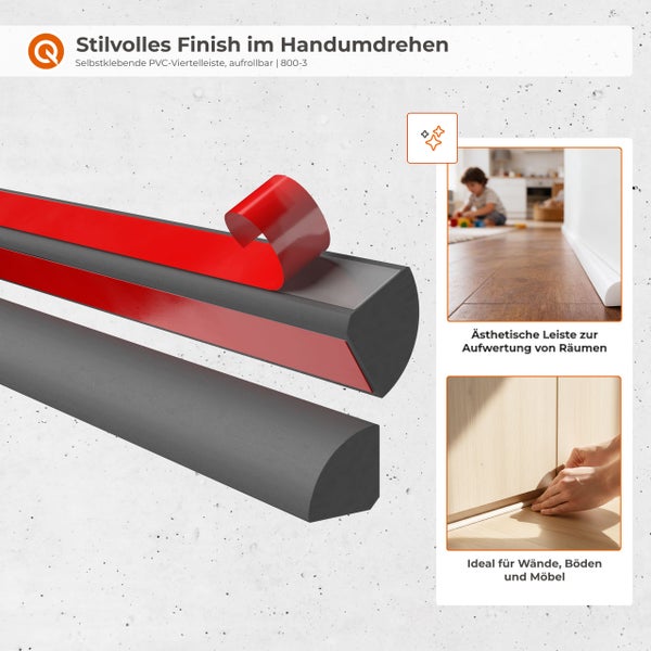 Anleitung zur Montage der selbstklebenden PVC Viertelleiste auf Rolle mit Schritten zum Zuschneiden, Aufkleben und praktischer Aufbewahrung.