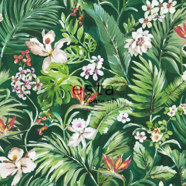 ESTAhome XXL-Vliestapete tropische Blätter und Blüten Emeraldgrün - 50 x 900 cm - 158893