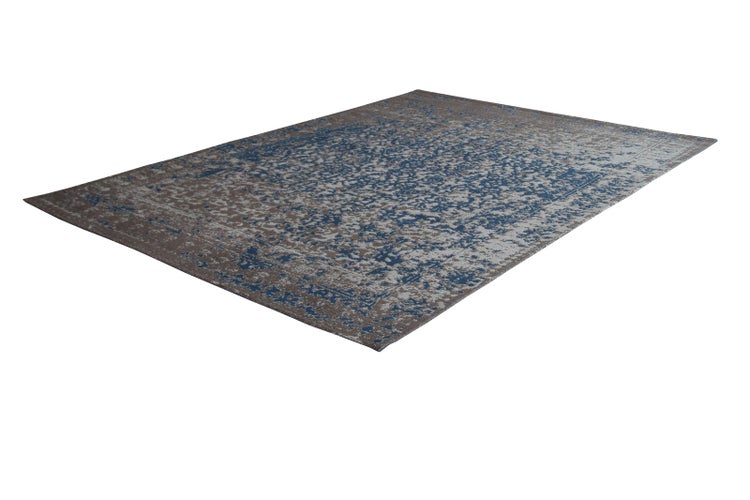 Rechteckiger Teppich mit Vintage-Muster in Blau und Grau.