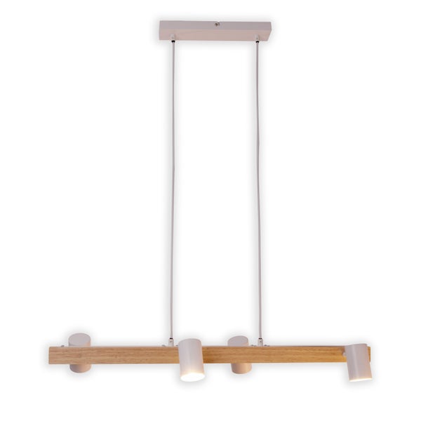 Hängelampe mit Holzstange und weißen Strahlern