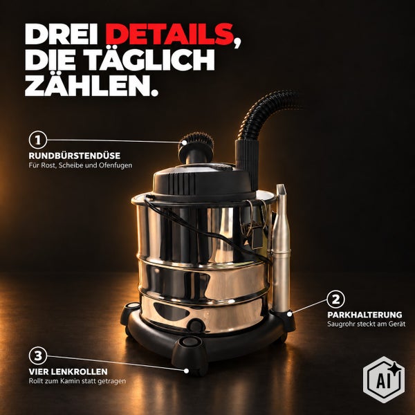 Aschesauger aus Edelstahl mit 44 Zentimeter Höhe und 35 mal 35 Zentimeter Grundfläche sowie 4 Kilogramm Gewicht und 200 Zentimeter Netzkabel.