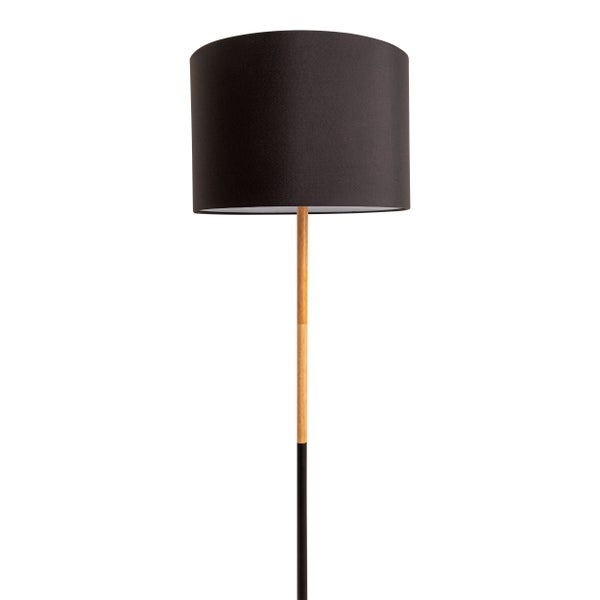 Stehlampe mit Schirm aus Stoff und Holzfuß