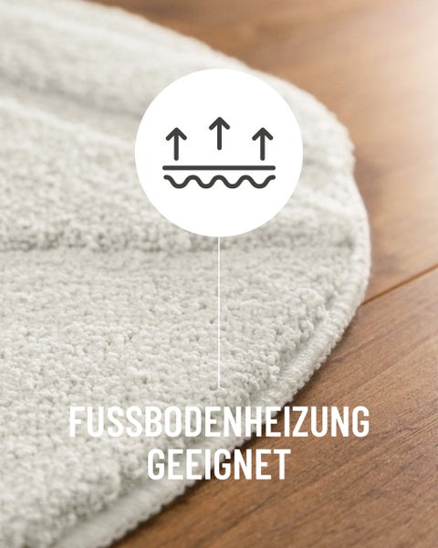 Nahaufnahme einer weißen flauschigen Badematte mit weicher Schlingenstruktur und dezentem Streifenmuster