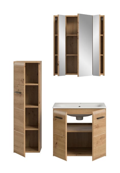 Badezimmermöbel Set bestehend aus Hochschrank, Spiegelschrank und Waschbeckenunterschrank in Eichenoptik mit Keramikwaschbecken.