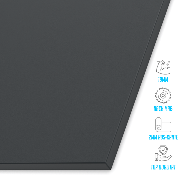 Holzplatte mit einer Stärke von 19 Millimeter, einer zwei Millimeter ABS-Kante und Zuschnitt nach Maß