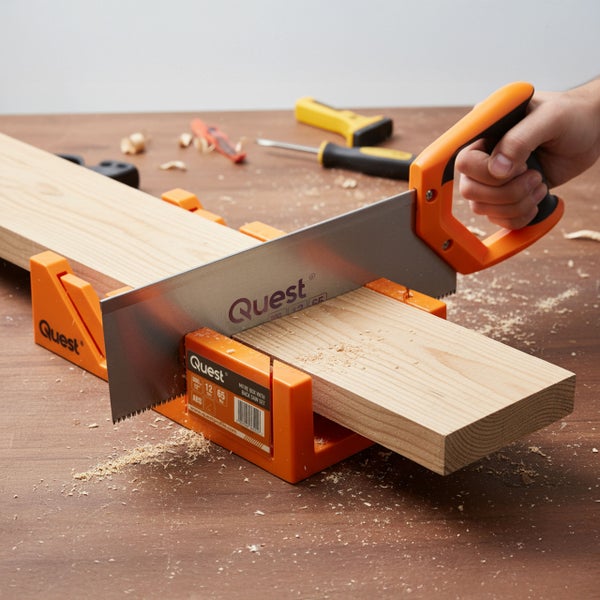 Gehrungssäge mit Holzzuschnitt in Gehrungslade