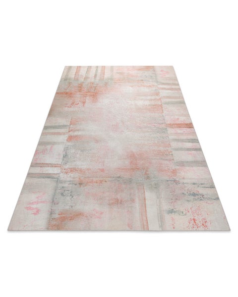 Rechteckiger Teppich mit abstraktem Vintage-Muster in den Farben Rosa, Grau und Beige.