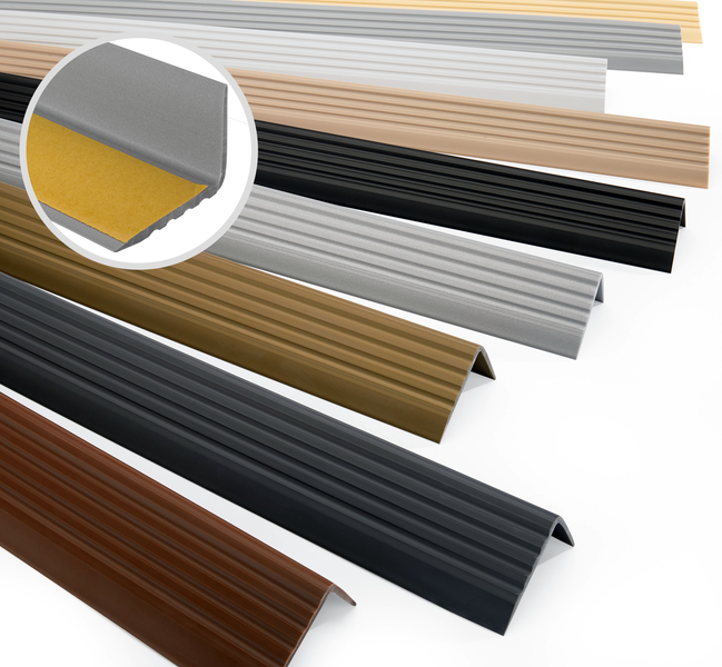 Verschiedene selbstklebende Abschlussprofile aus Kunststoff in unterschiedlichen Farben.