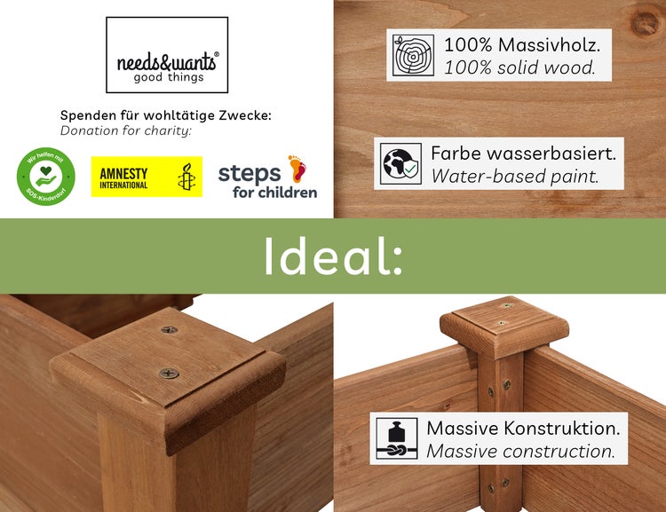 needs&wants Logo, Information zu Spenden, 100 Prozent Massivholz, wasserbasierte Farbe und Details einer massiven Holzkonstruktion.