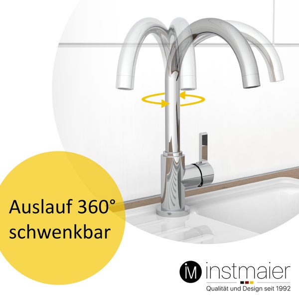 instmaier Küchenarmatur K3 | 360° schwenkbar | Wasserhahn Küche | Spültischarmatur Chrom | Hoher Auslauf | mit Zentralverschraubung