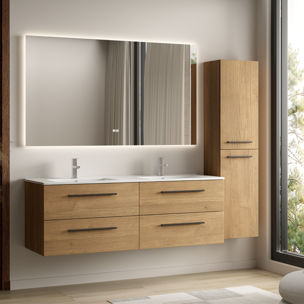 Modernes Badezimmermöbel Set mit Doppelwaschtisch aus Holzoptik, wandhängenden Unterschränken, LED Spiegel und hohem Seitenschrank.