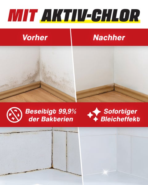 Vorher Nachher Vergleich der Anwendung von Schimmelentferner mit Aktiv Chlor auf einer Wand und Fliesen zur Entfernung von Schimmelbefall.