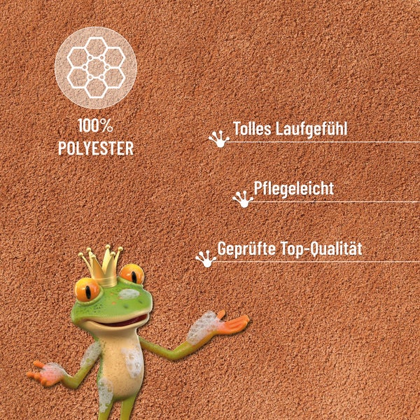 Materialeigenschaften eines Teppichs aus 100 Prozent Polyester: angenehmes Laufgefühl, pflegeleicht und geprüfte Top-Qualität.