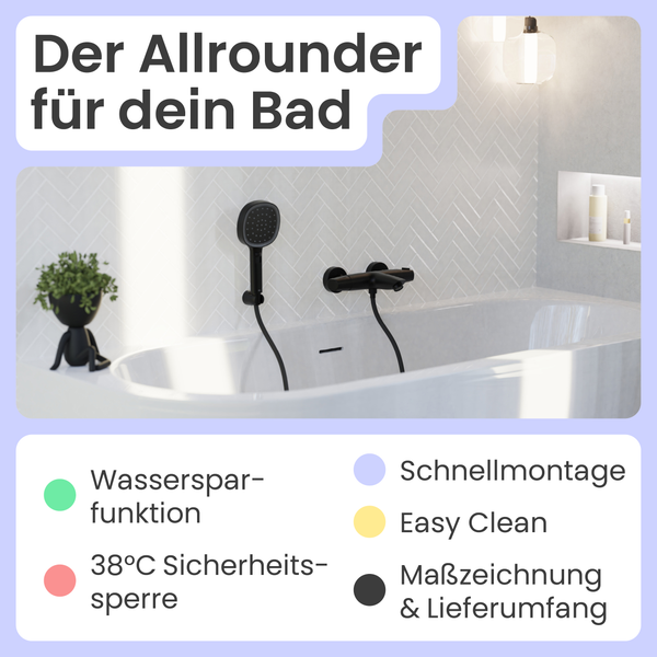 Badarmatur in Szene mit Hinweisen zu Wassersparfunktion, 38 Grad Celsius Sicherheitssperre, Schnellmontage, Easy Clean, Maßzeichnung und Lieferumfang